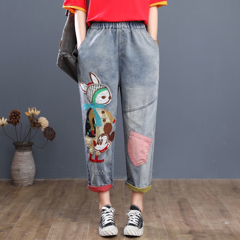 Quần Denim Lưng Cao Dáng Rộng Thêu Họa Tiết Hoạt Hình Xinh Xắn Có Size Lớn Dành Cho Nữ