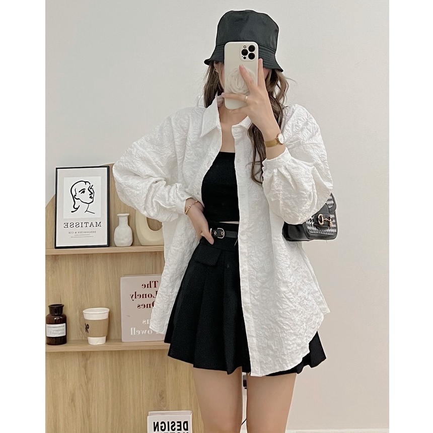 Áo Sơ Mi Nữ Dáng Rộng Oversize Chất Gấm Xốp Hoa Nổi 3D Dài Tay - Hanju