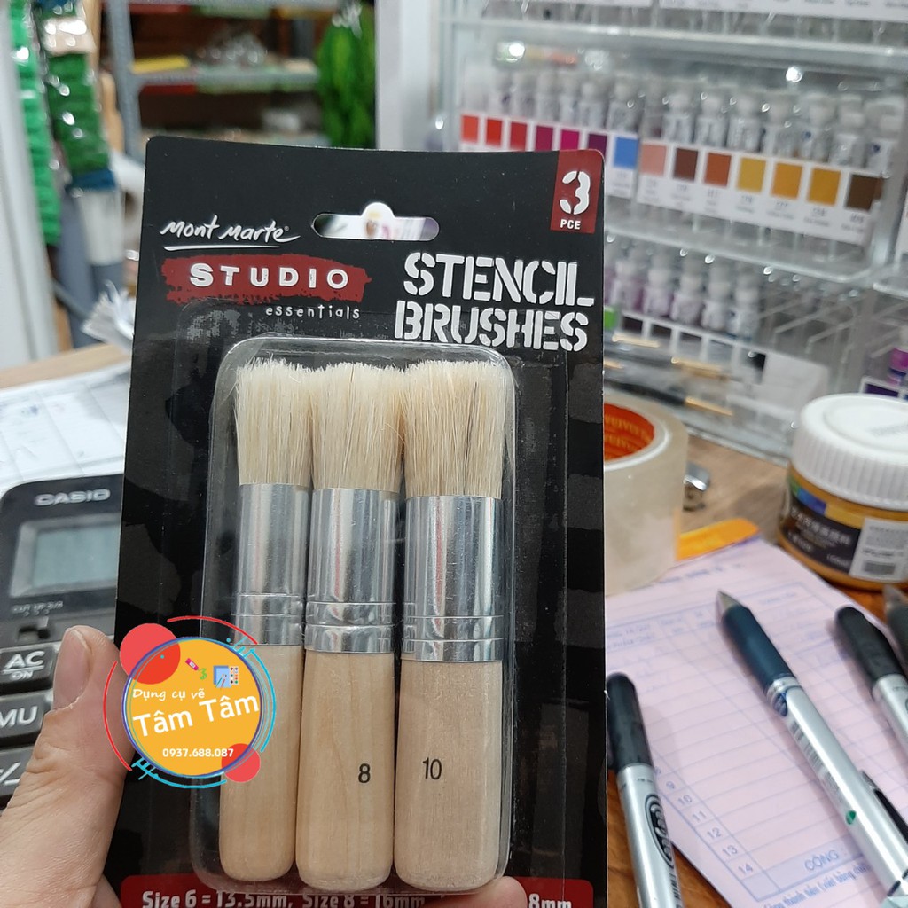 [ TÂM TÂM ]-Bộ cọ vẽ đầu tròn lông lợn, cọ vẽ Stencil Brushes set 3 cây Mont Marte-