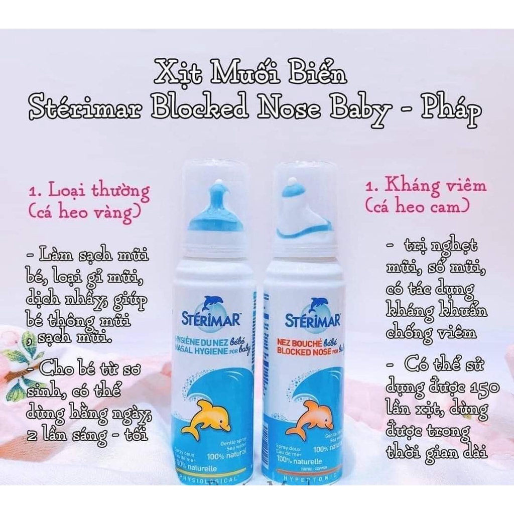 Xịt muối biển cá heo vàng xanh và cá heo cam (100ml) vệ sinh, hỗ trợ sổ mũi, nghẹt mũi cho bé 0-3 tuổi Sterimar, Pháp