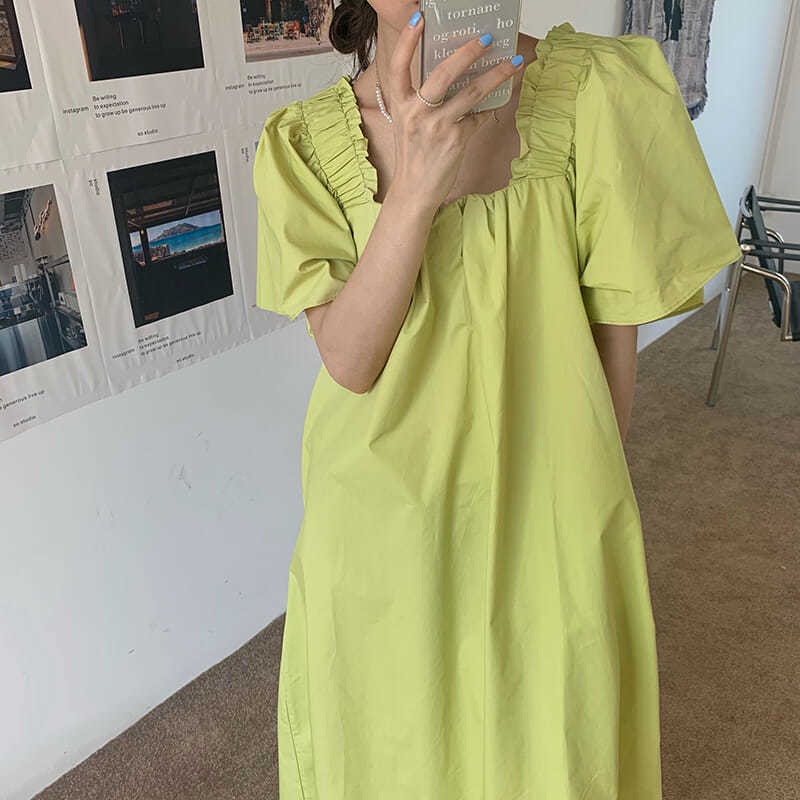 Đầm Tay Ngắn Cổ Vuông Thiết Kế Mới Xinh Xắn Thời Trang Dành Cho Nữ