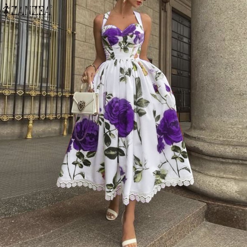 Đầm dài không tay ZANZEA họa tiết hoa vintage cho nữ