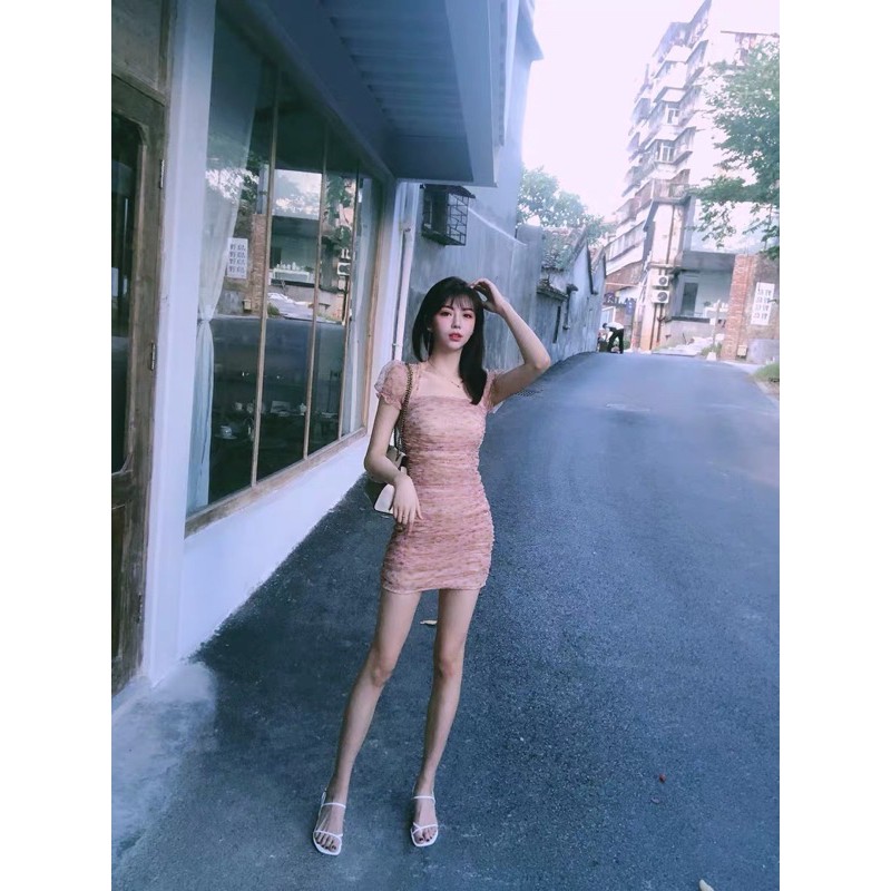 Đầm Body Voan Tay Phồng Nhún Eo Siêu Xinh 🧡Váy Body ôm