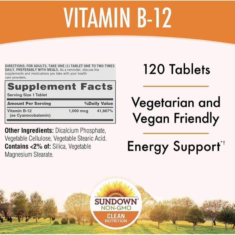 Vitamin B12 thuần chay Sundown bổ máu, hỗ trợ tim mạch, tuần hoàn, hệ thần kinh, chuyển hoá năng lượng 120v USA