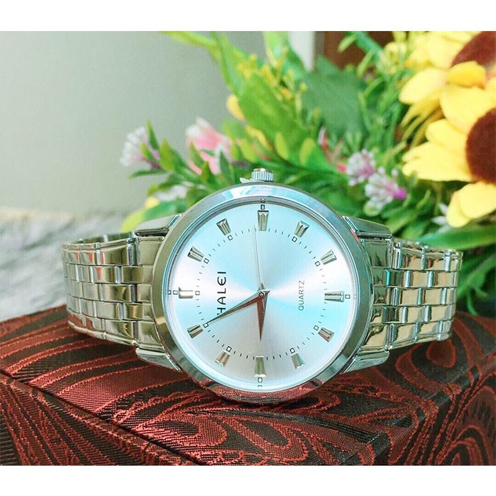 Đồng hồ đôi nam nữ halei dây bạc mặt đen HLB01 chống nước chống xước ,tặng kèm vòng tì hưu