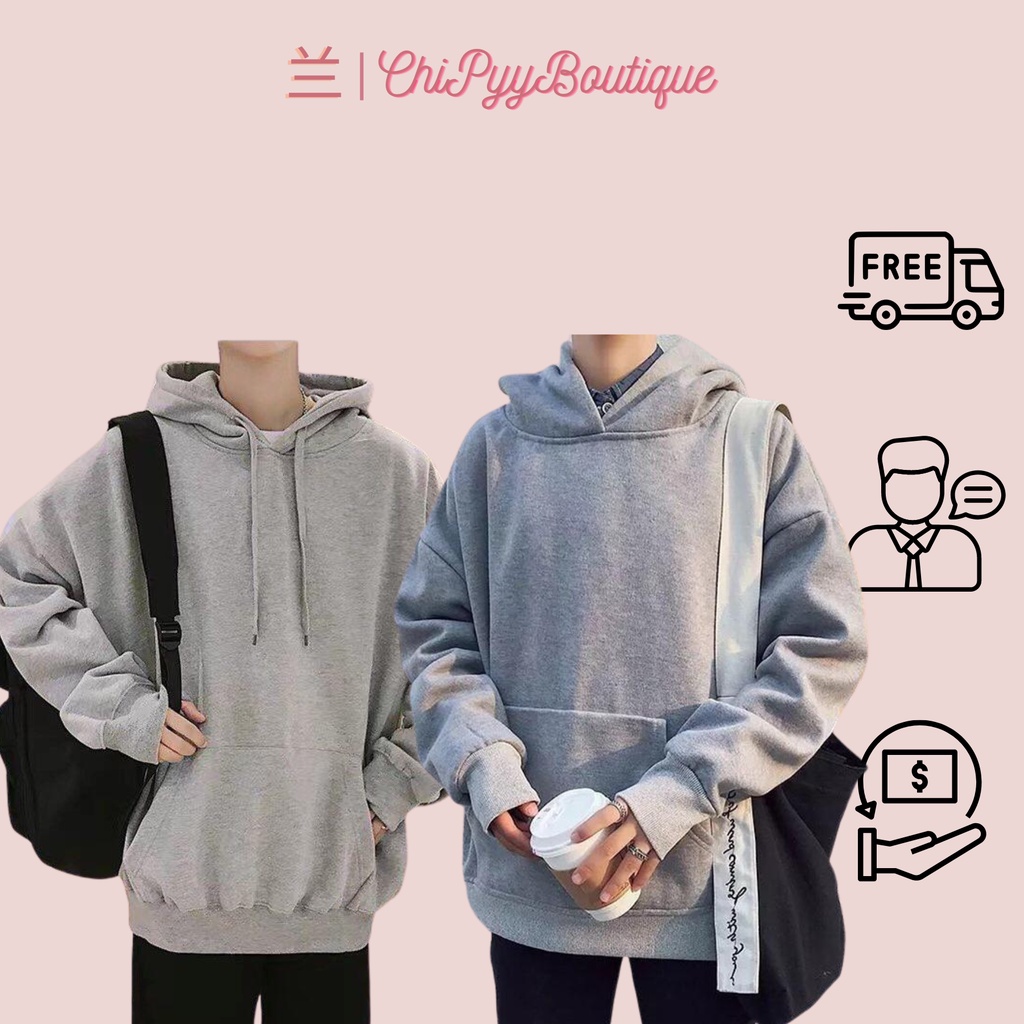 Hoddie nỉ bông tay dài xám nhạt unisex - Áo khoác nỉ chui đầu xám lông chuột có nón form rộng trơn