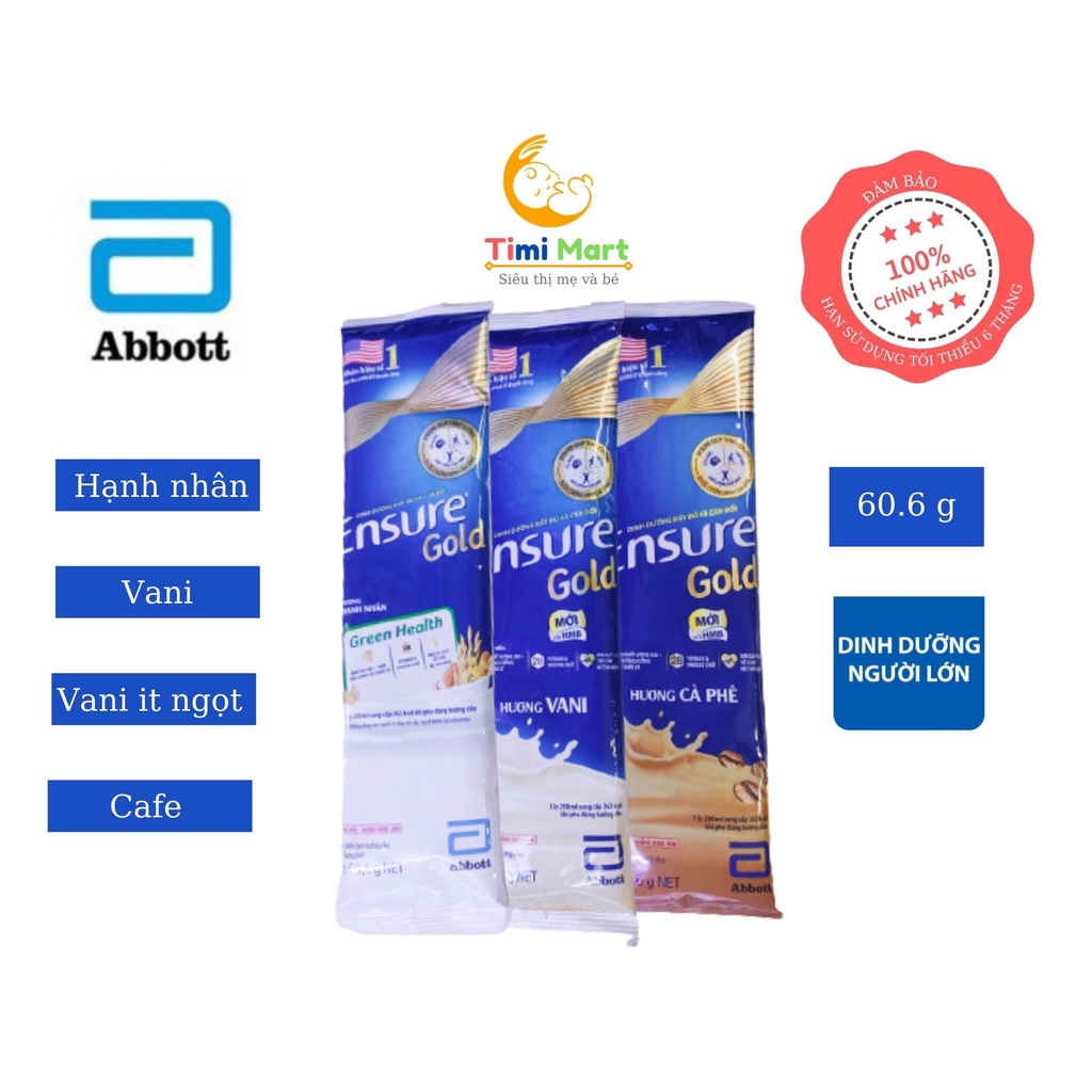 Sữa bột Ensure Gold Abbott hương vani / ít ngọt (HMB) gói 60,6g