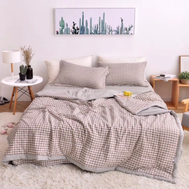 Bộ Chăn Ga Gối Cotton Đũi Kẻ HIN BEDDING Mềm Mịn Thấm Hút Mồ Hôi, Chăn Ga Gối Cotton Cao Cấp