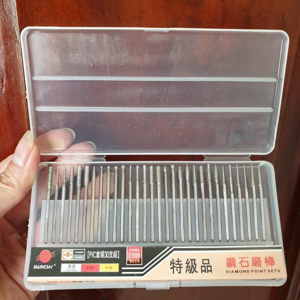 Bộ đầu mài kim cương 30 chi tiết dùng máy khoan mài khắc mini - mũi mài đá mài răng sứ chân cán 2ly