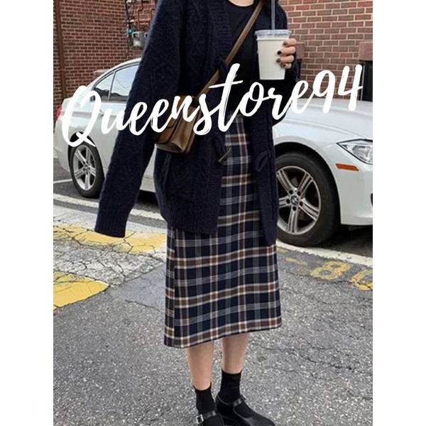 Chân váy dài qua gối xẻ tà sau kẻ caro phong cách ulazzang siêu xinh
