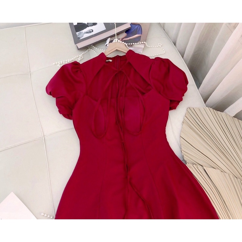 G1-đầm xoè đỏ khoét ngực, phom dài, có mút, chất lụa thái có hình sàn