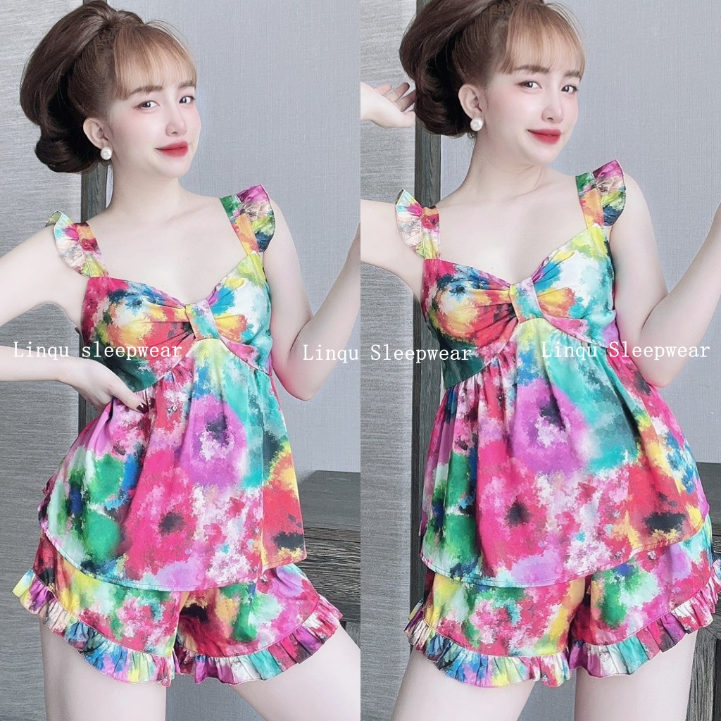 Đồ ngủ sexy 2 dây cánh tiên nhún nơ chất lụa latin mềm mịn, mát mẻ freesize 40-58kg - Linqustore