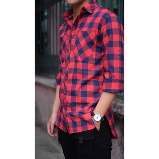 Sơ mi flanel longtee cổ bẻ kẻ caro mẫu mới nhất - màu đỏ