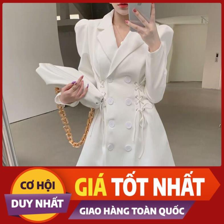 RẺ MẠT đầm giả vest tay dài cổ vest thắt dây eo nút