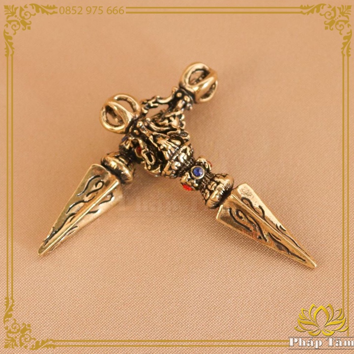 Móc Khóa Pháp Khí Mật Tông Chày Kim Cương Vajra Đầu Trụ Khảm Đá Đồng Nguyên Khối - Tâm Phong Thủy