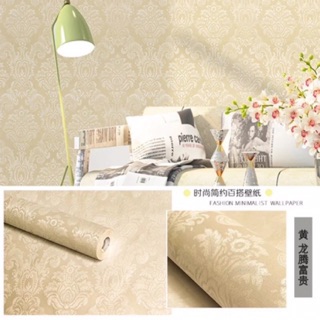 10 mét giấy dán tường sẵn keo hoa văn nổi màu vàng hàng siêu đẹp