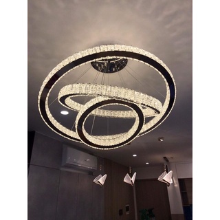 Đèn thả trần 3 vòng pha lê bản 5cm 40/60/80 cm - điều khiển từ xa