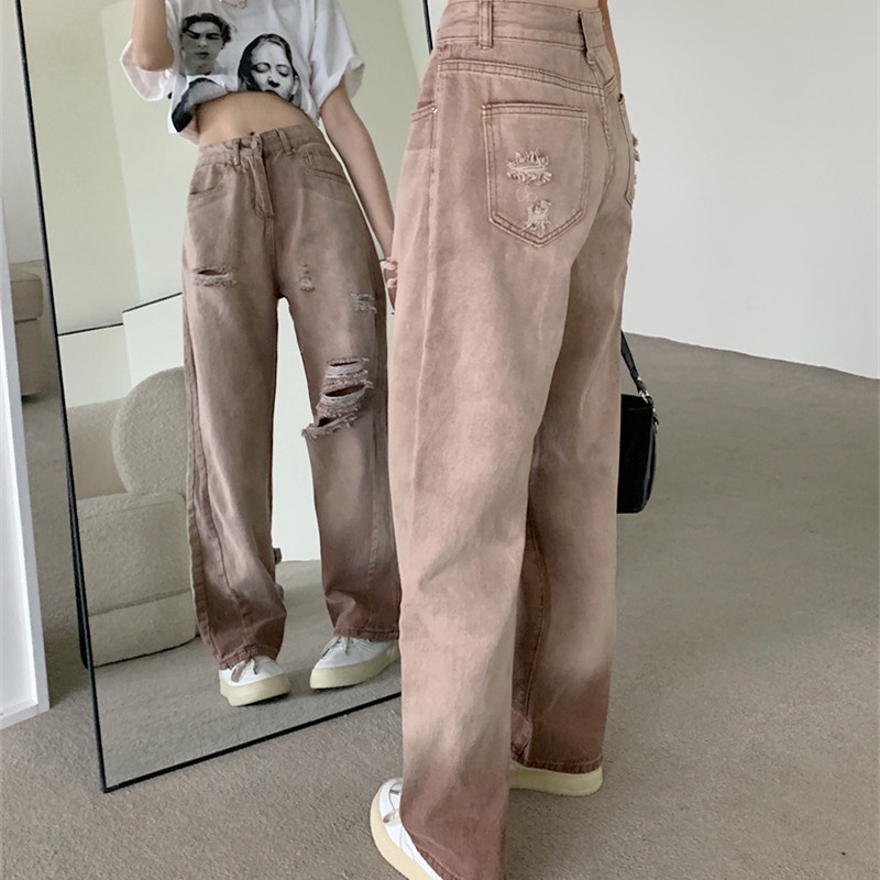 Quần Jeans Nữ Lưng Cao Ống Rộng Rách Gối Thời Trang