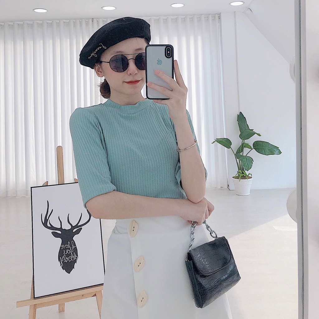 Áo Len Tăm Cộc Tay SANJOLI nữ tay ngắn cổ tròn kiểu Ulzzang Hàn Quốc Thiết kế Dáng Basic AO024 | BigBuy360 - bigbuy360.vn