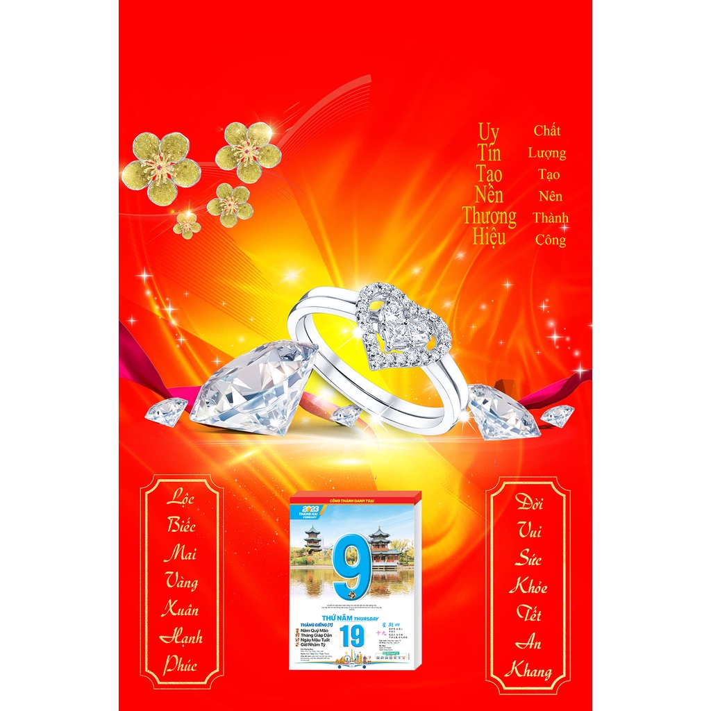 Lịch Gỗ Treo Tường Laminate Tráng Gương 2023 (40x60cm) - Dành Cho Tiệm Vàng Phú Quý Cát Tường