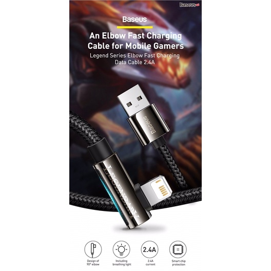 ✅giảm gia - Cáp sạc dây sạc nhanh iphone cho game thủ baseus 2.4A có báo đèn chống vướng chống gẫy-đứt
