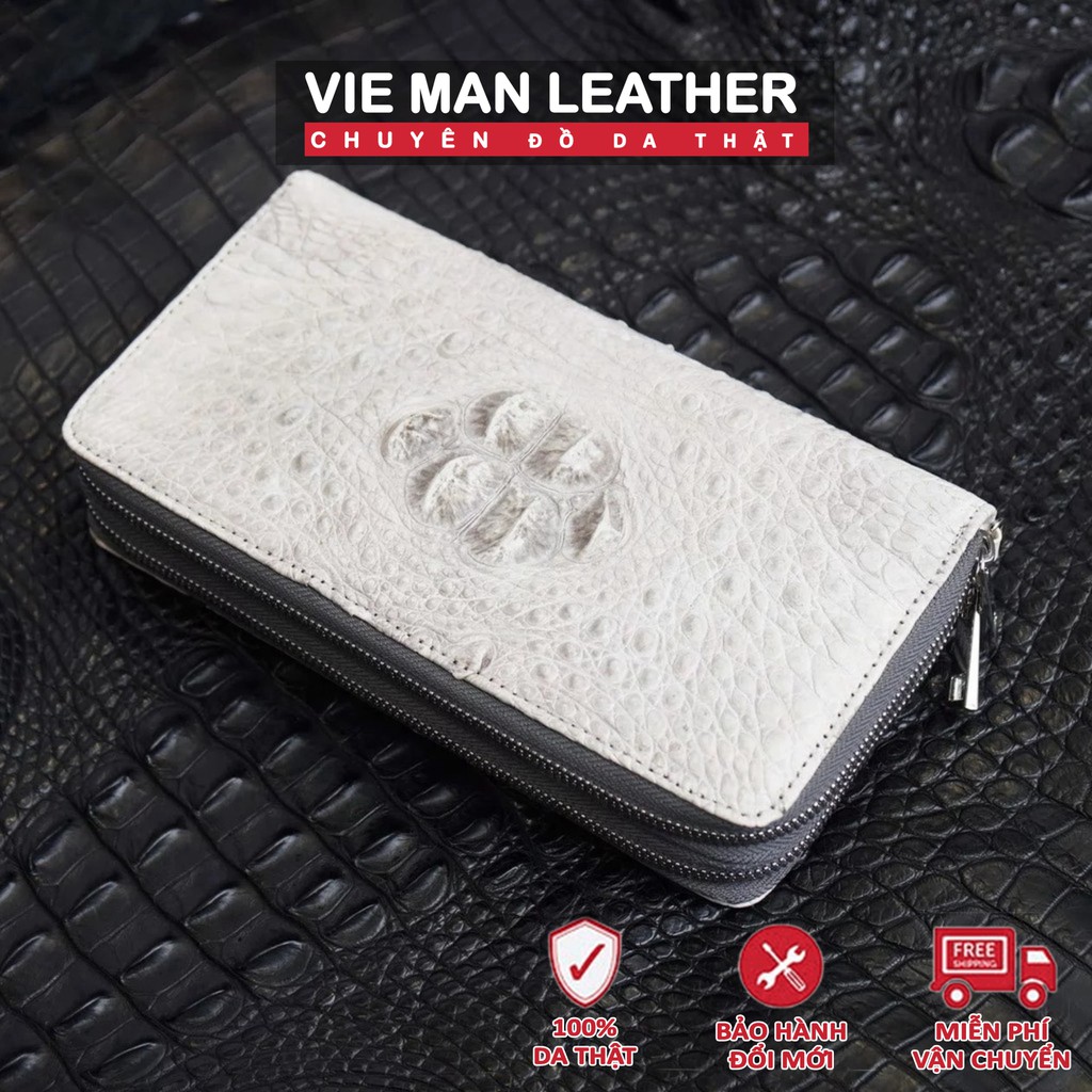 CLUTCH , VÍ CẦM TAY HAI KHÓA GÙ LƯNG CÁ SẤU CỠ ĐẠI - BẠCH TẠNG - Da thật 100%