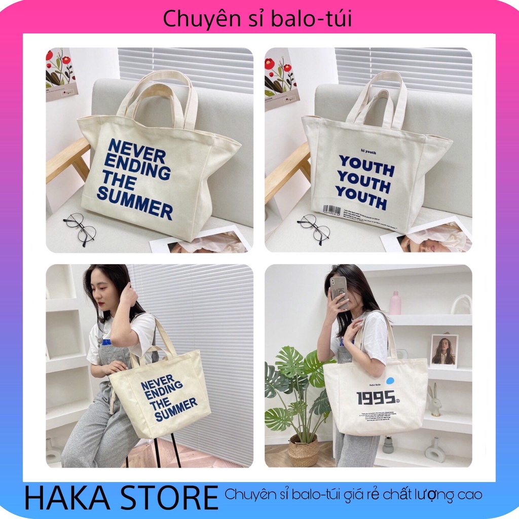 Túi tote túi vải canvas cỡ lớn phong cách Hàn quốc có khóa miệng ngăn phụ bên trong thời trang ulzzang-Haka store