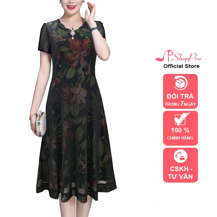 SHOPPRO - ĐẦM XÒE TRUNG NIÊN KIỂU ĐẦM LƯỚI THUN CỔ GỢN SÓNG PHỐI PHỤ KIỆN SANG TRỌNG 3332 3323