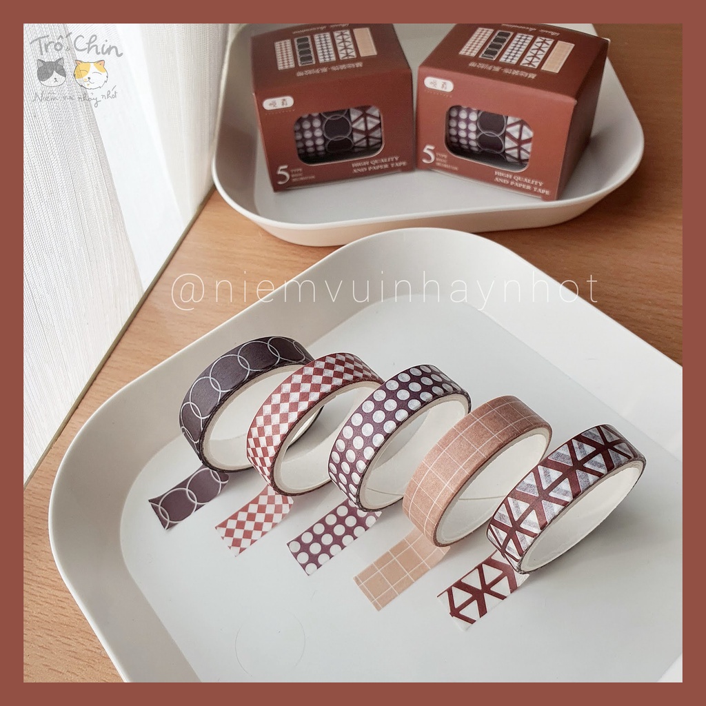 [ẢNH THẬT] [LOẠI MÀU 1-4] Hộp 5 cuộn Washi tape Băng dính dán nhiều họa tiết nhiều màu Masking tape (1cm*2m)