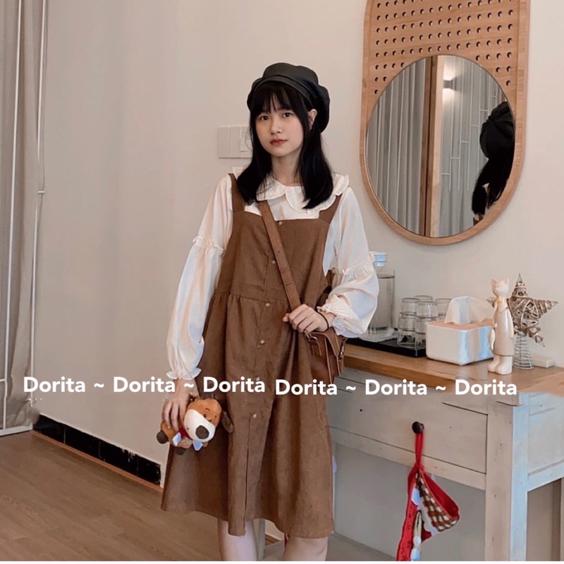 [Ảnh thật/Video] Set yếm nhung vintage dáng babydoll kèm áo cổ sen, Đầm yếm nhung Ulzzang - Dorita Boutique