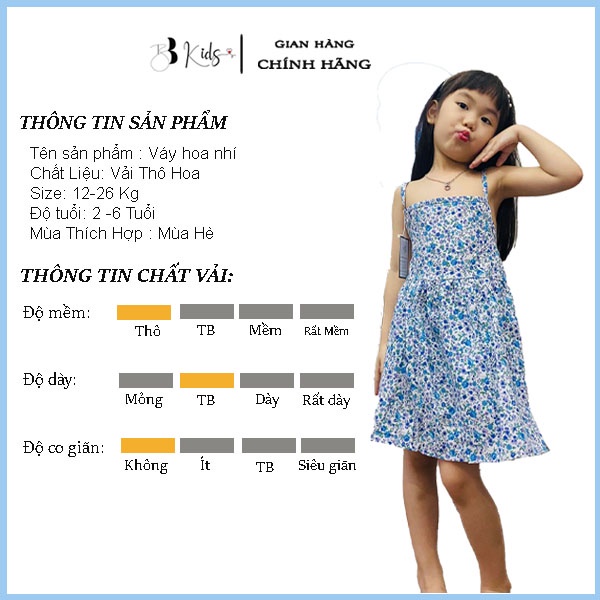 Váy 2 Dây BB KIDS Hoạ Tiết Hoa Nhí Màu Xanh Cho Bé Gái