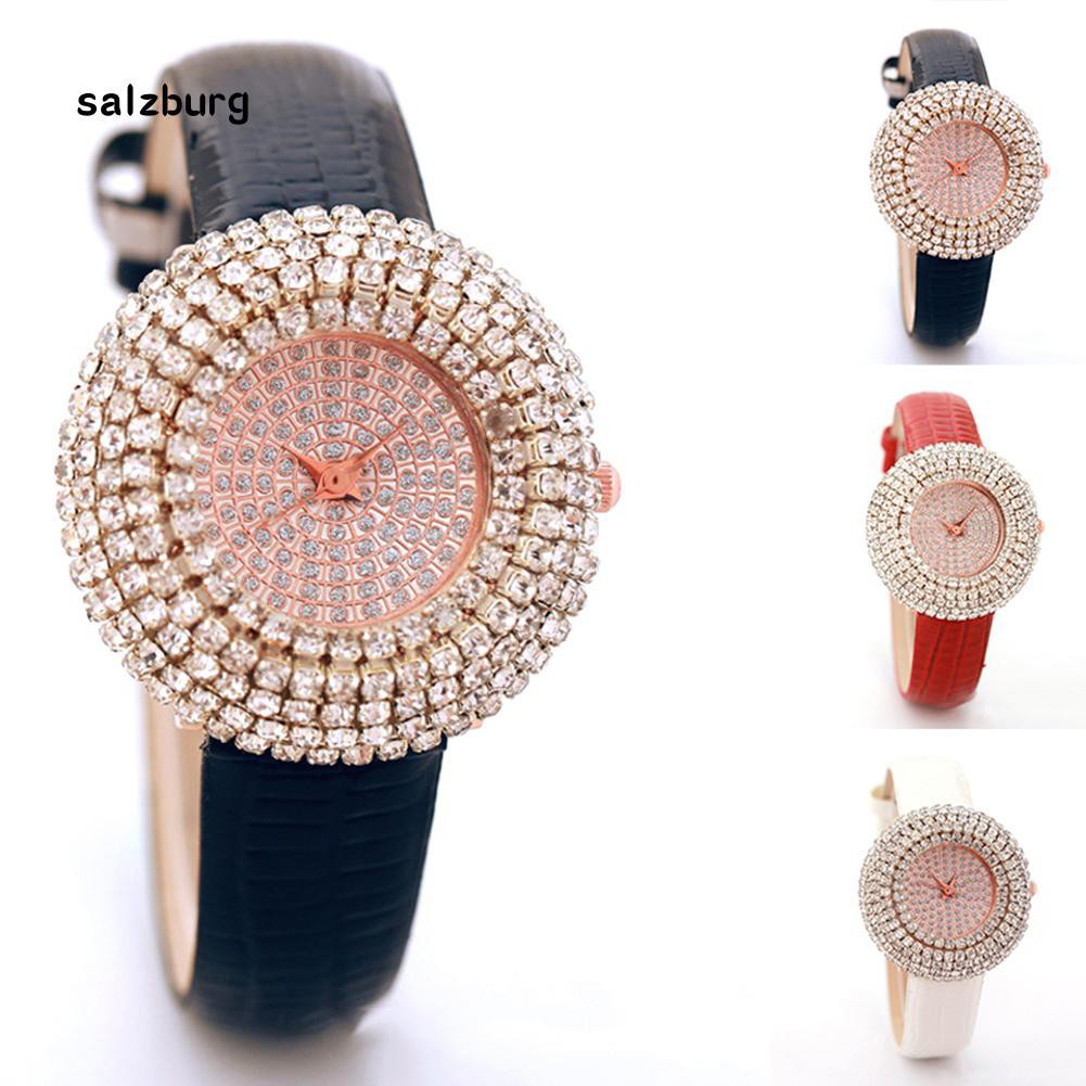 Đồng hồ nữ mặt thạch anh đính hột xoàn dây giả da