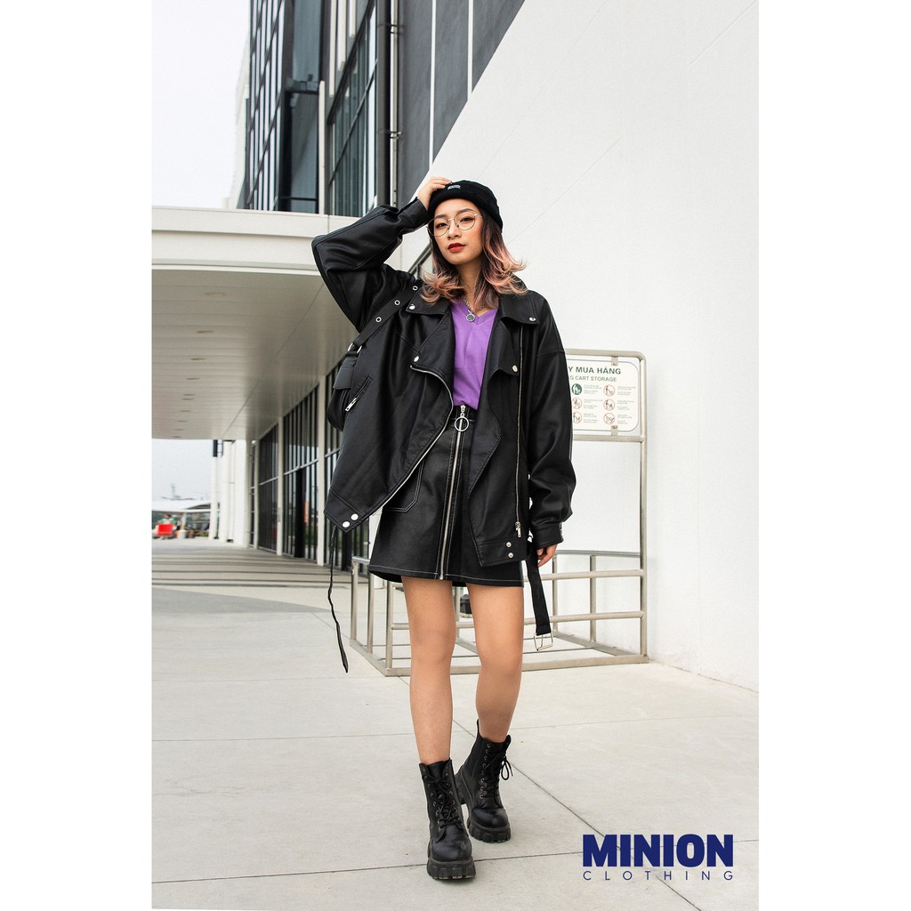 Chân váy da dáng chữ A MINION CLOTHING dài trên gối Ulzzang Streetwear Hàn Quốc chất da dày dặn không bong tróc V2805