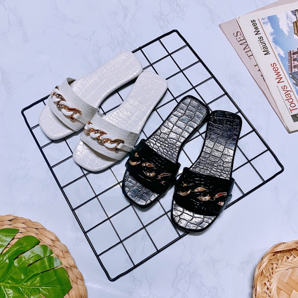 Dép quai ngang thời trang phối xích vân cá sấu sang chảnh - TT382