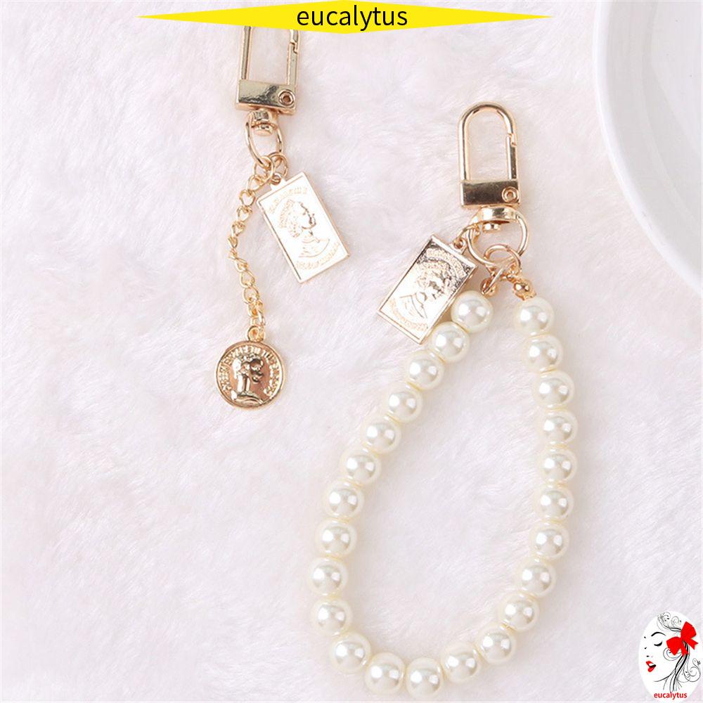 Móc khóa xâu ngọc trai hình đồng xu phong cách vintage xinh xắn cho nữ
