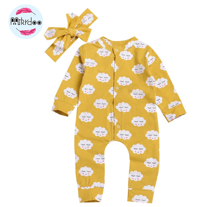 Bộ áo liền quần Mikrdoo chất liệu cotton kèm băng đô đáng yêu cho bé sơ sinh