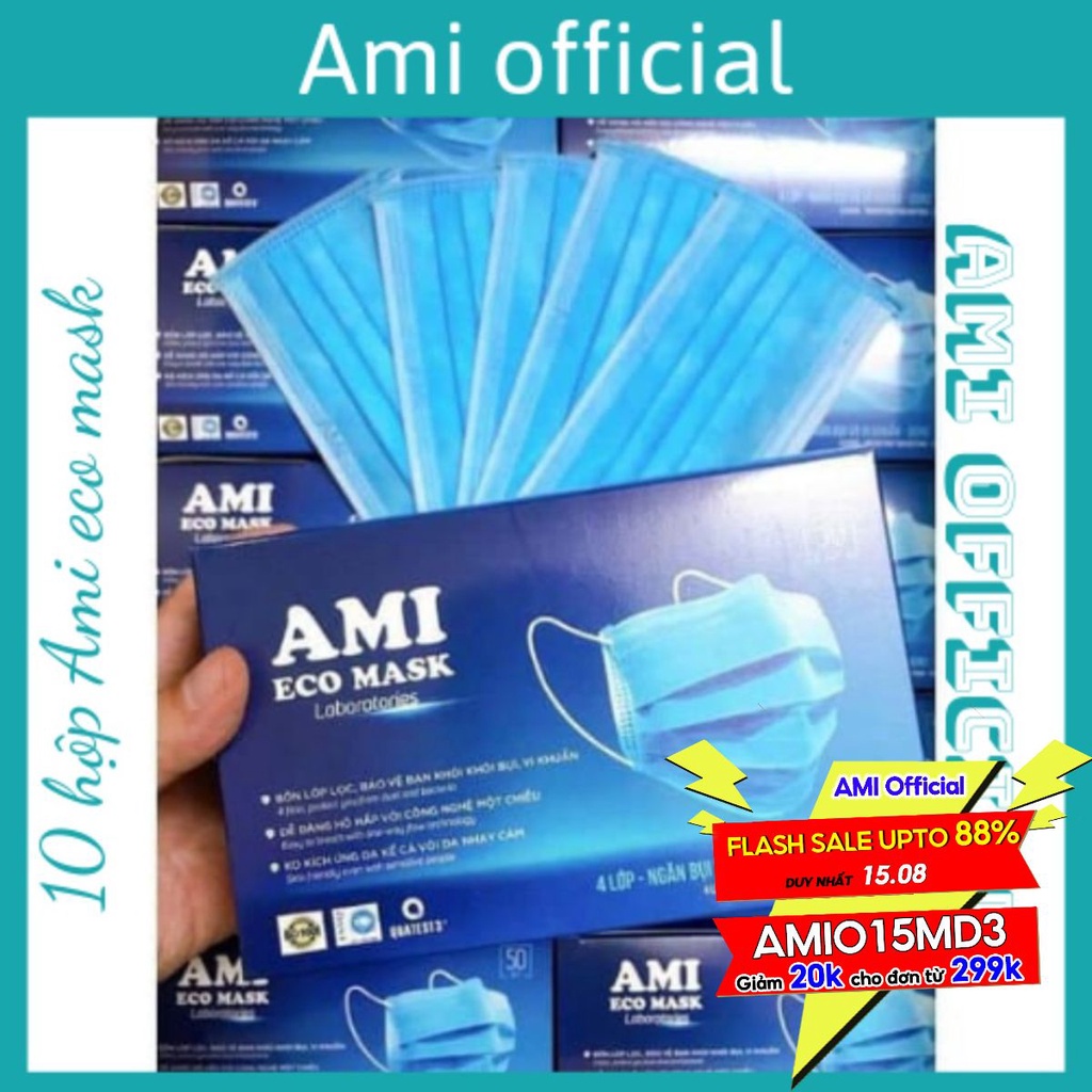 Combo 10 hộp khẩu trang y tế Ami mầu xanh 4 lớp (500 chiếc/10 hộp)