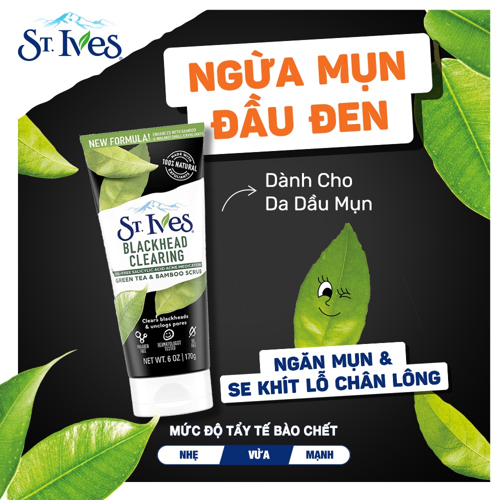 Sữa rửa mặt tẩy tế bào chết St Ives 170g chiết xuất trà xanh, cà phê dừa, bơ mật ong, yến mạch