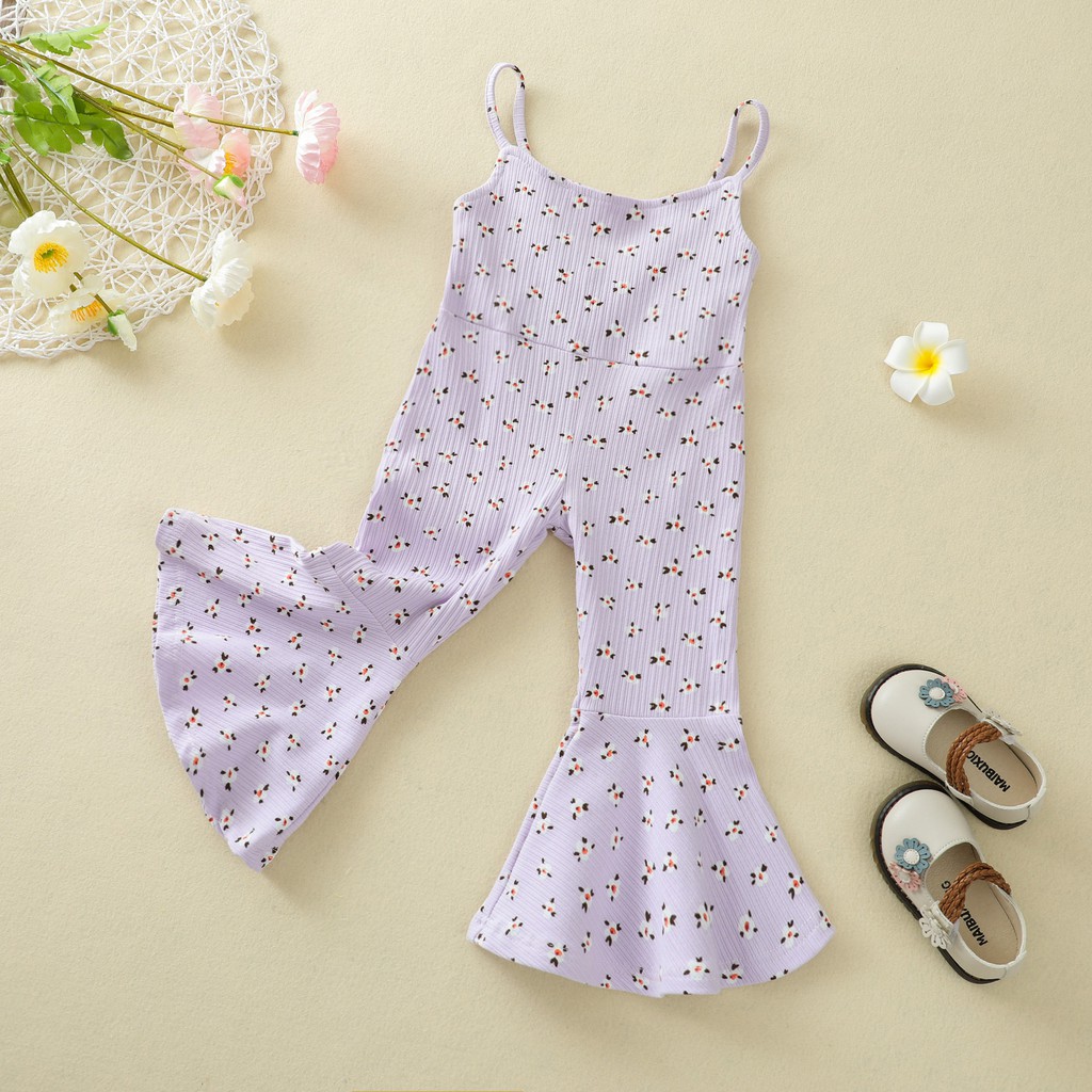 Bộ áo liền quần hai dây dệt kim ống loe họa tiết kẻ sọc nhiều màu sắc dành cho bé gái 1-6 tuổi