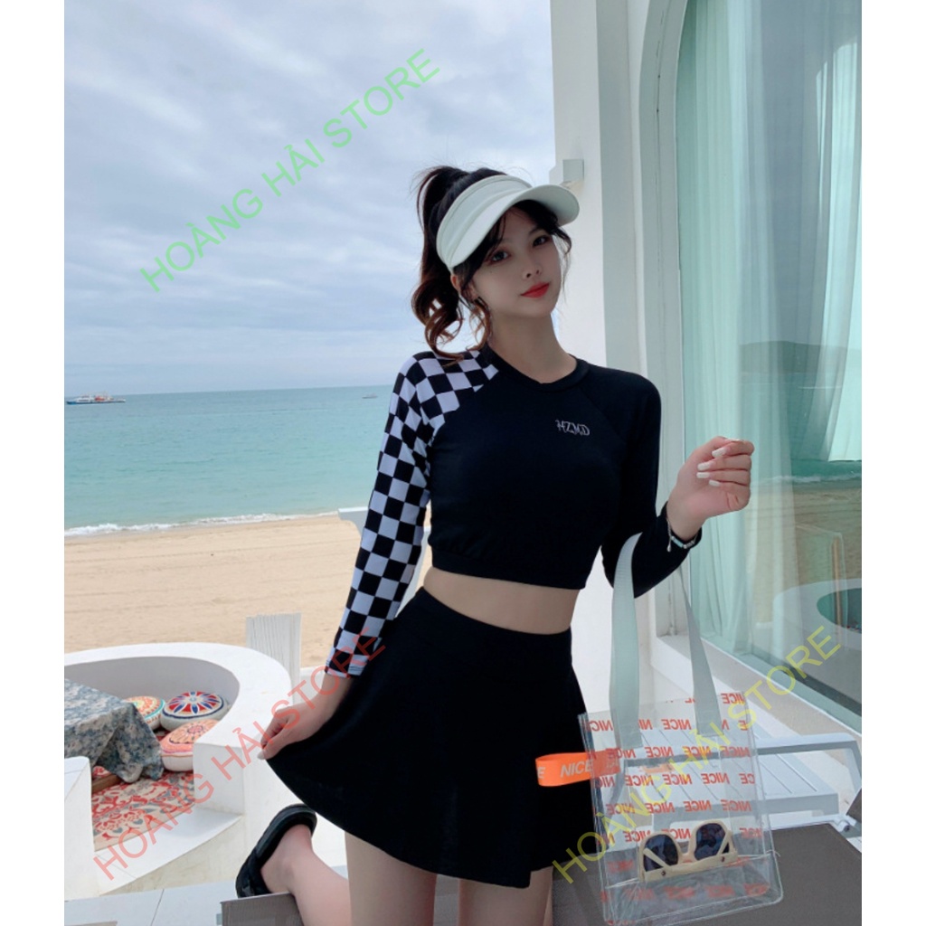 Bộ đồ bơi bikini kín đáo nữ hai mảnh đi tắm biển áo dài tay kèm váy - B34