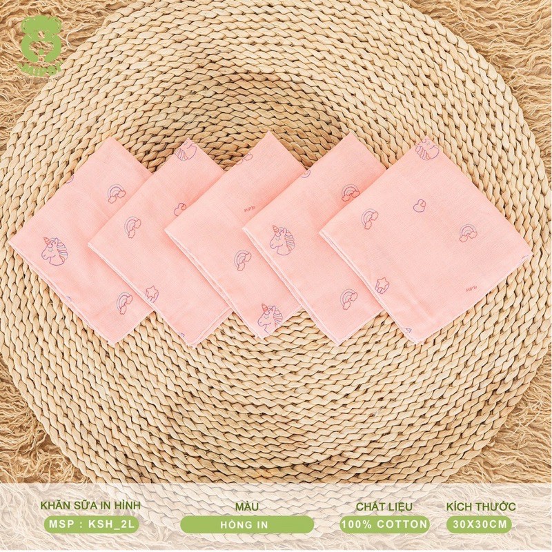 Túi 5 khăn sữa 2 lớp in hình Mipbi 100% COTTON kích thước 30x30cm Khăn xô Khăn mặt Khăn đa năng in hình cho bé