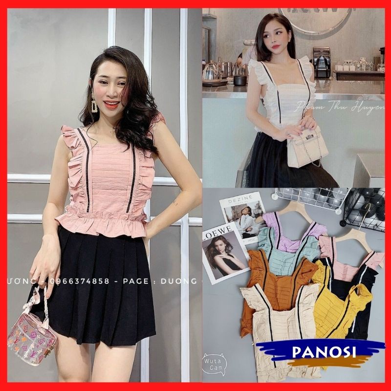 Áo kiểu nữ sát nách họa tiết xếp ly cánh tiên chất đũi mền mát PANOSI - Mã A619