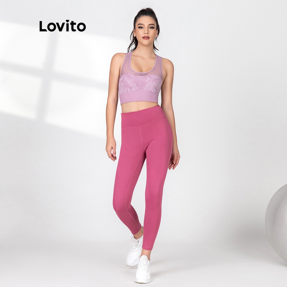 Áo lót Lovito có mút đệm kiểu thể thao chắp vá vải phối lưới lỗ họa tiết camo thiết kế lưng xinh xắn L06004 (màu hồng)