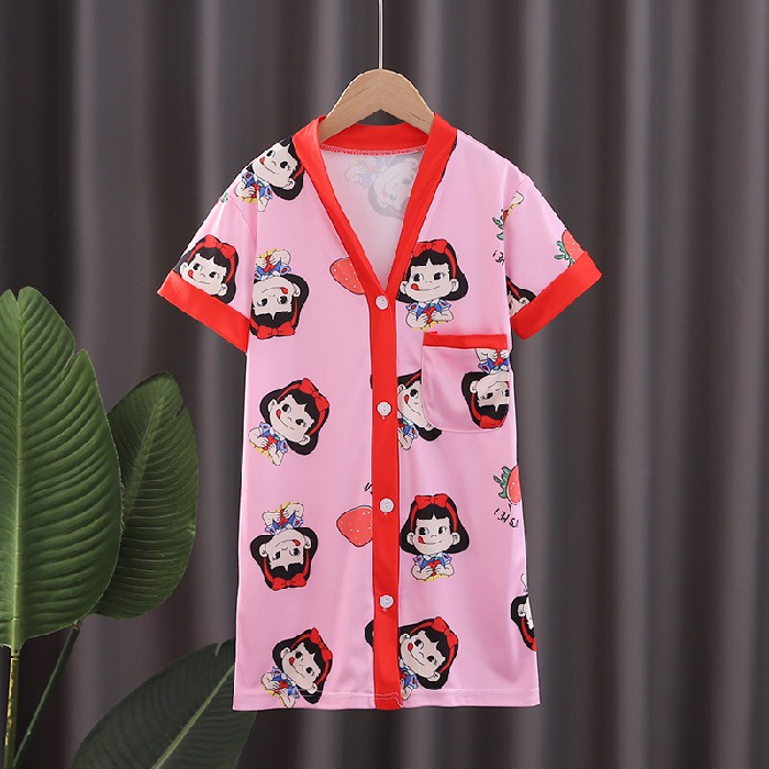 Đầm Ngủ Tay Ngắn Chất Cotton In Họa Tiết Hoạt Hình Phong Cách Hàn Quốc Xinh Xắn Cho Bé Gái