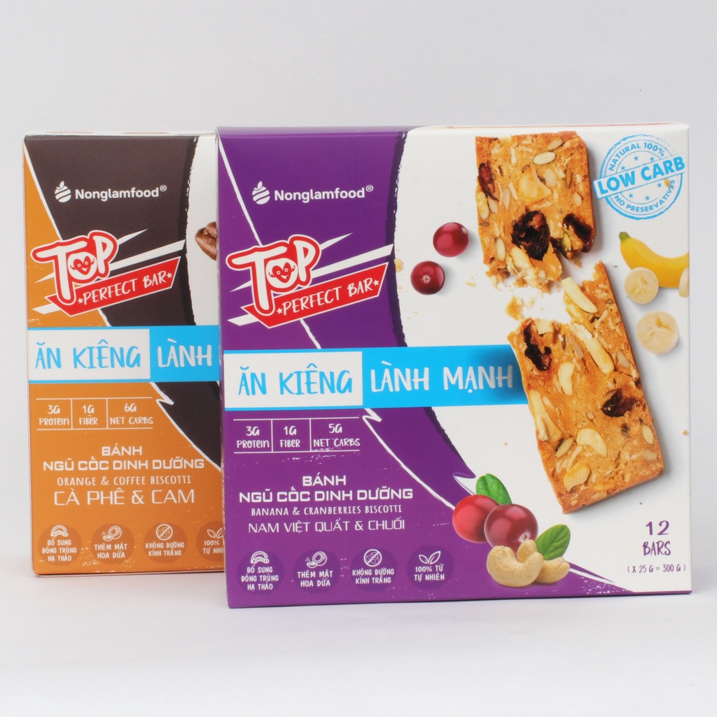 Bánh Biscotti ngũ cốc Top Perfect Bar Nonglamfood Vị Cà Phê &amp; Cam hộp 12 thanh | Ăn Kiêng Không Béo | Dinh Dưỡng