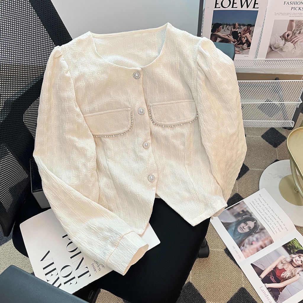Áo Cardigan Mỏng Tay Dài Dáng Rộng Cổ Tròn Đính Hạt Cài Một Hàng Nút Đơn Phong Cách Retro Đơn Giản Mới Dành Cho Bạn