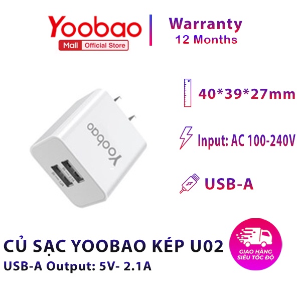 [CHÍNH HÃNG-BH 12 THÁNG] Củ sạc U02 cổng USB Yoobao kép-  Thiết kế nhỏ gọn, tiện lợi- Bảo hành 12 tháng- 1 đổi 1