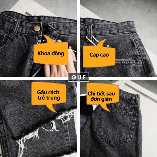 Quần Jean Nữ Dáng Baggy Rách Gấu Cạp Cao Màu Đen Xám Khói Ôm Eo GUF | BigBuy360 - bigbuy360.vn