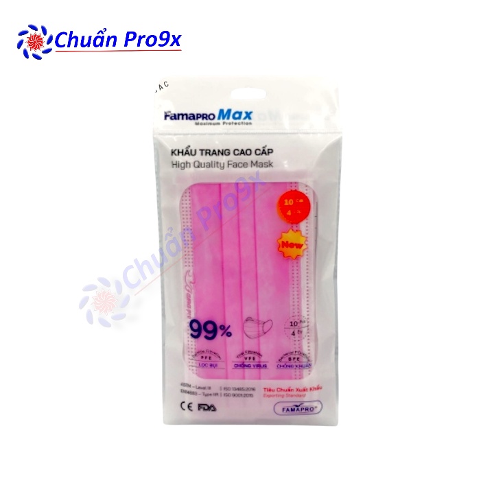 Khẩu trang y tế cao cấp kháng khuẩn 4 lớp Famapro max màu hồng (10 cái /túi)