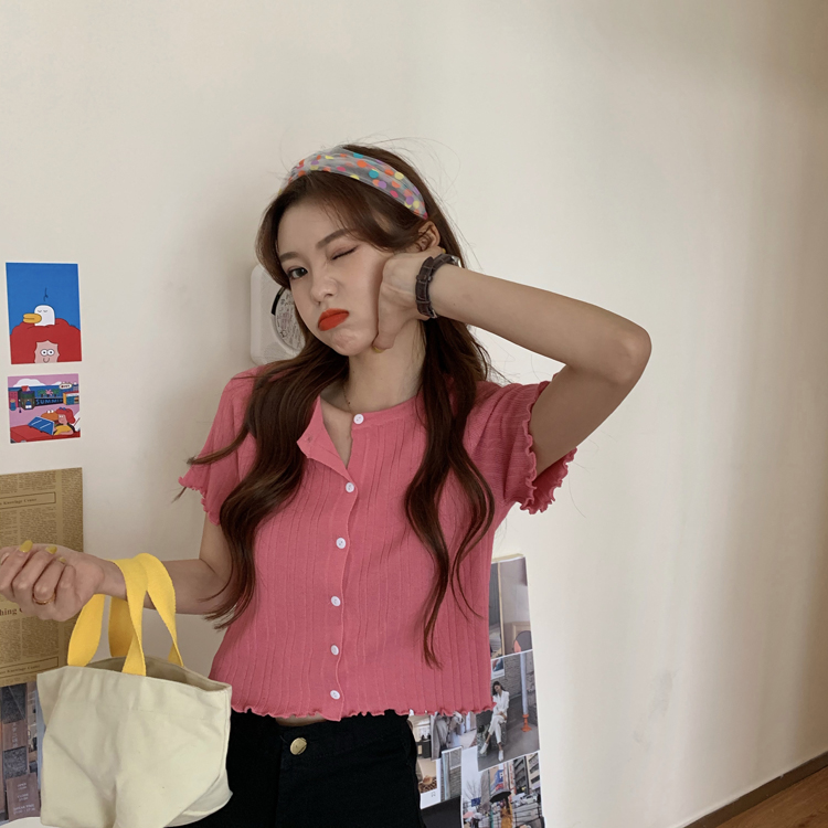 Korean Summer 4-color Shirt Top Women's Color Button Short Sleeve Tight Short Crop Top